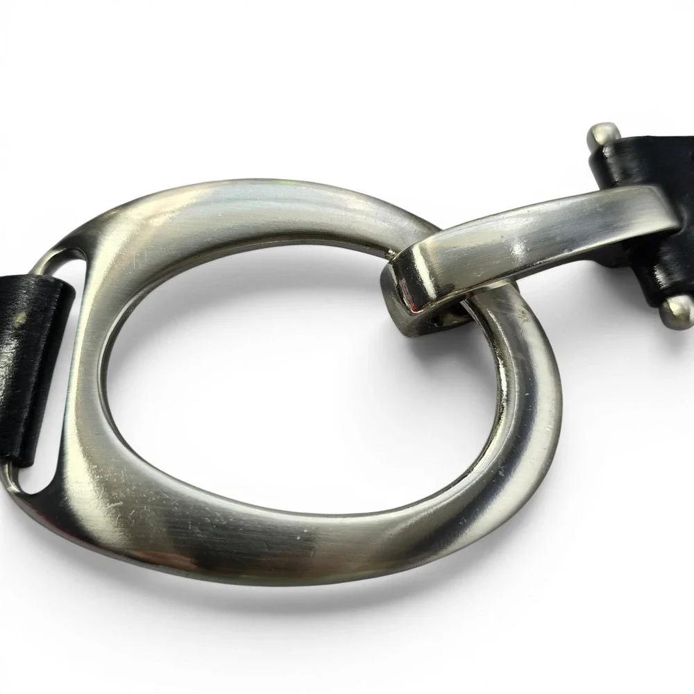 Suzi Roher? Oval Chain Link Belt Women's M/L Black Silver Leather Elastic Boho